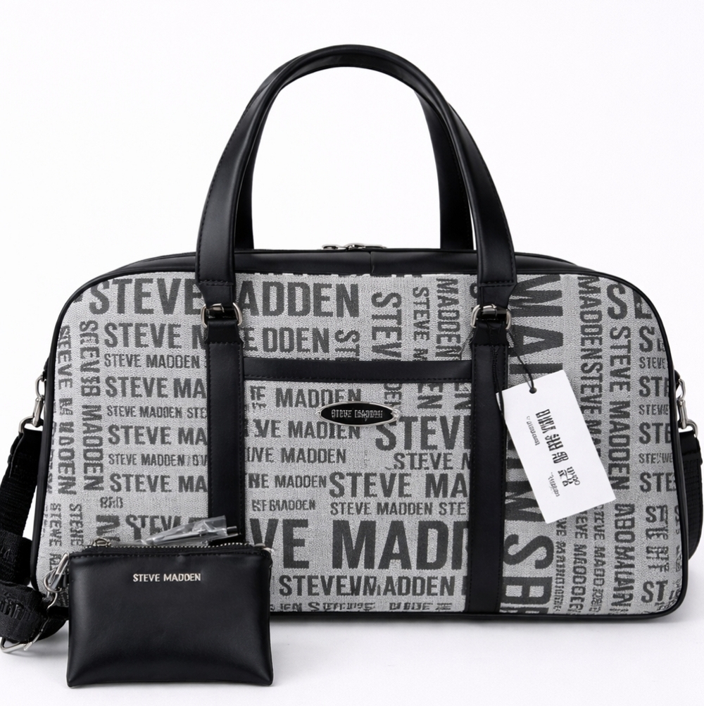 🆕️Steve Madden Baramina Weekender Duffle Bag Black White Travel Tote + Pouch